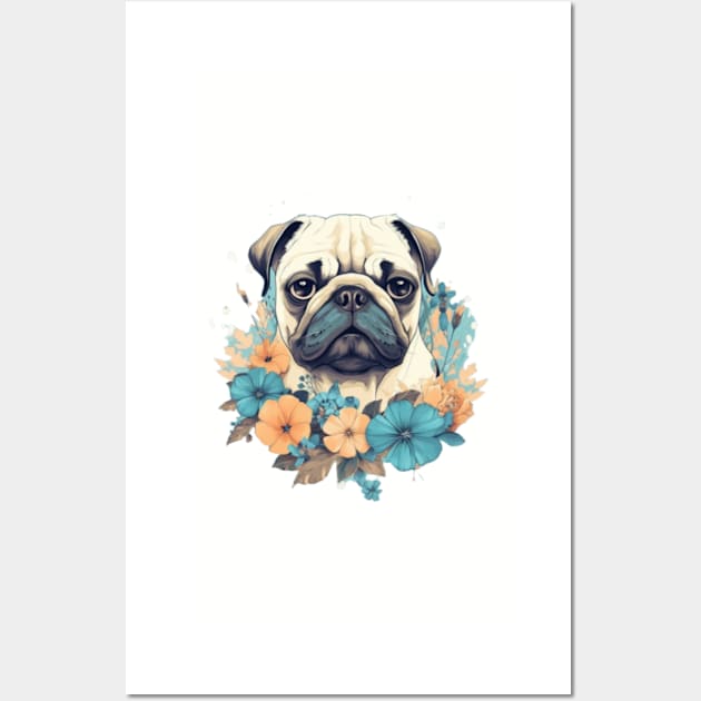 Floral Pug Portrait: Vintage Delights Wall Art by blackjackdavey